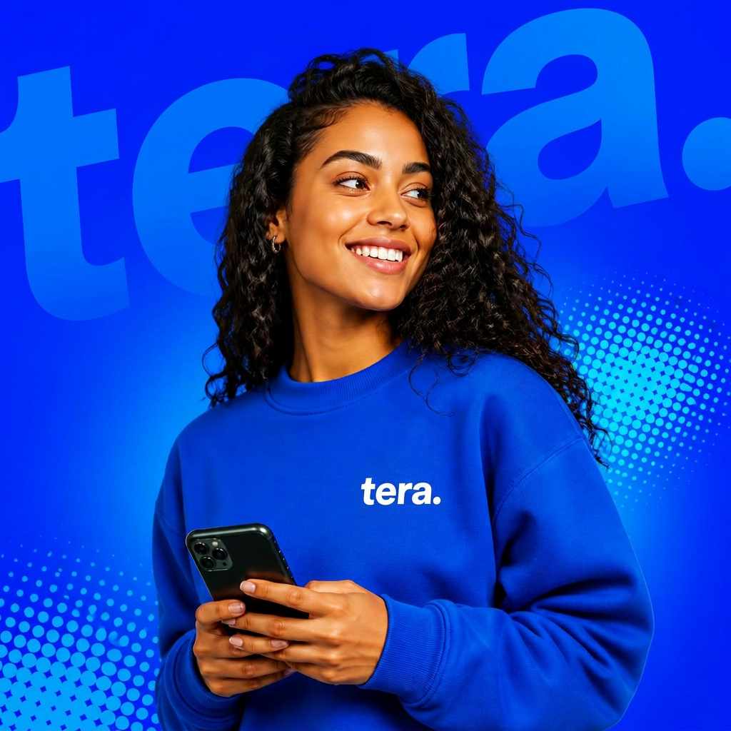 Cliente tera. sorrindo segurando smartphone com o chip ativo